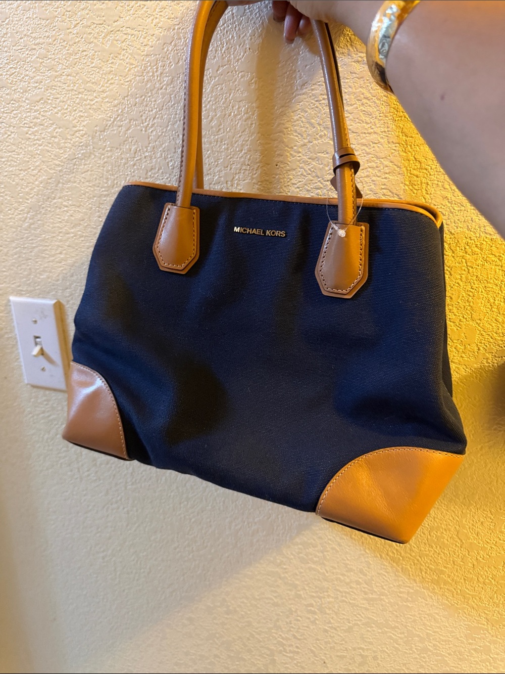 Michael Kors Navy Canvas Tote with Tan Leather Trim